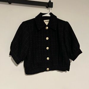 L'AGENCE Black Cropped Wool-Blend Boxy Jacket with Gold Buttons